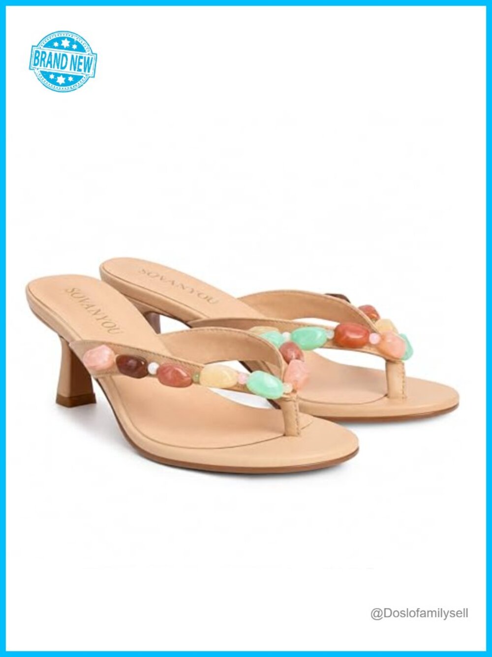 Jeweled Kitten Heel Thong Sandals Slip On Faux Leather Flip Flop Heels